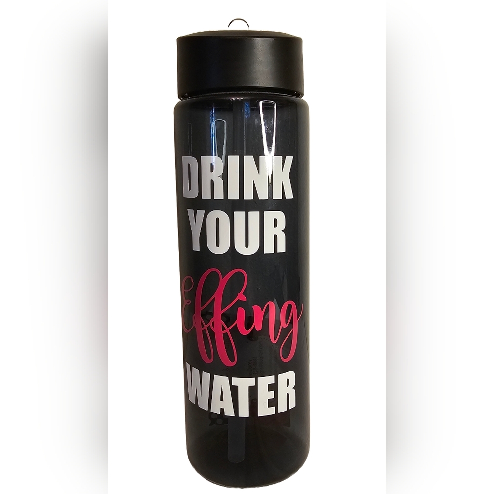 NEW "Drink Your Effing Water" Black and Pink Flip Top With Straw Water Bottle